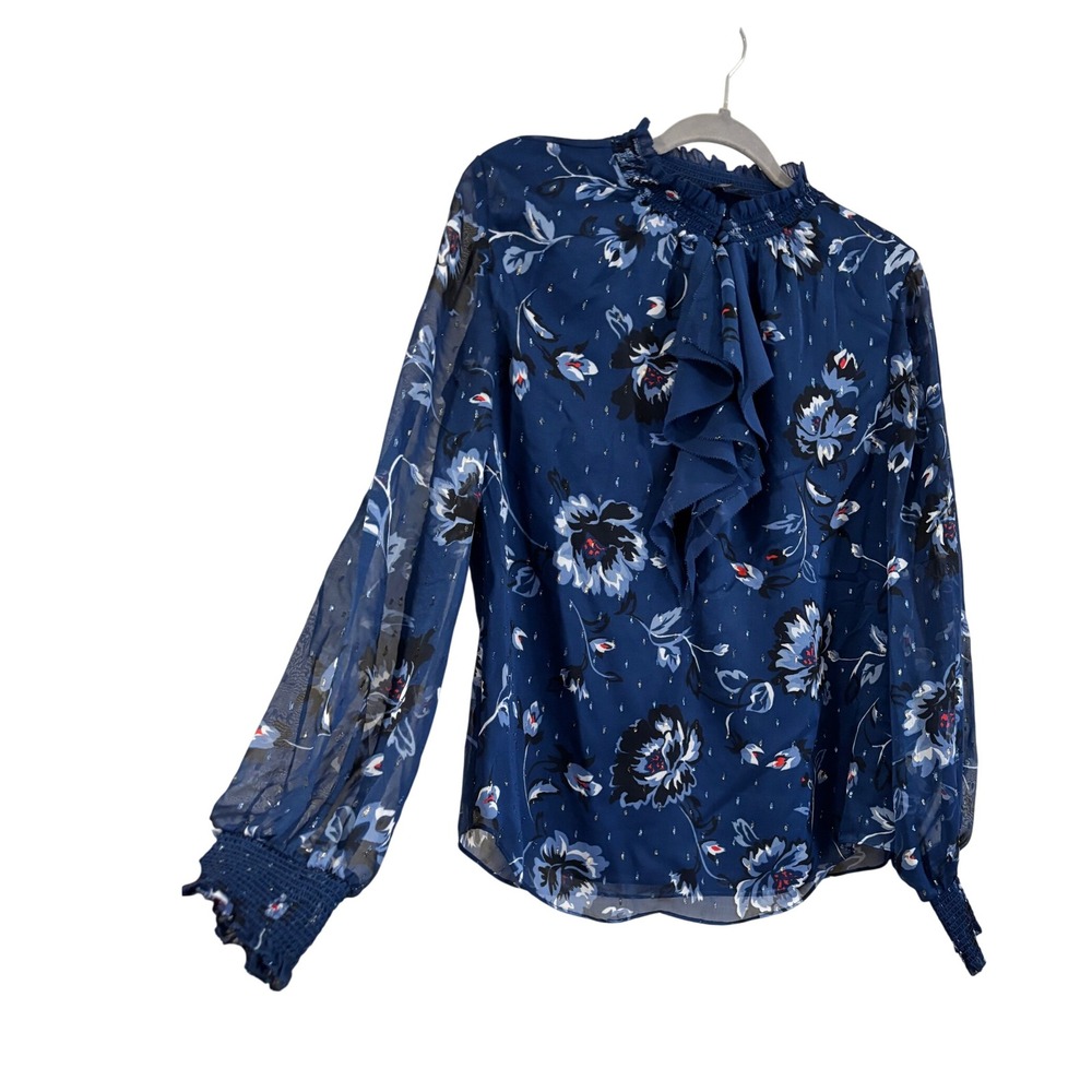 White House Black Market Blouse Blue Floral Ruffle Neck Metallic Silk Feel 12 - Picture 4 of 5